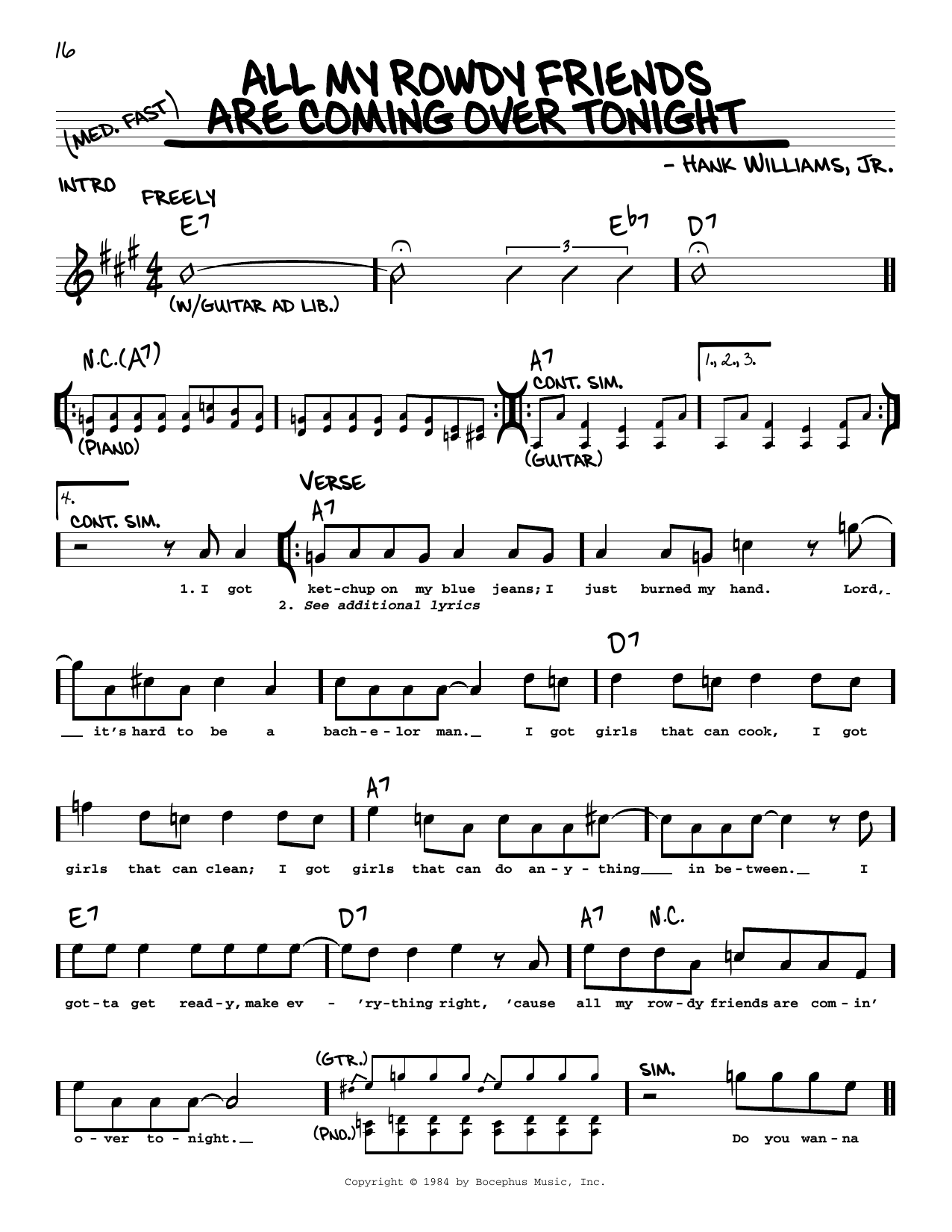 Download Hank Williams, Jr. All My Rowdy Friends Are Coming Over Tonight Sheet Music and learn how to play Real Book – Melody, Lyrics & Chords PDF digital score in minutes