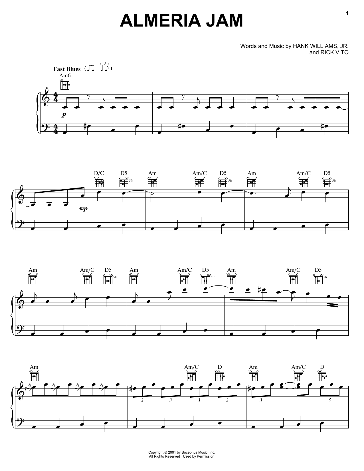 Download Hank Williams, Jr. Almeria Jam Sheet Music and learn how to play Piano, Vocal & Guitar Chords (Right-Hand Melody) PDF digital score in minutes