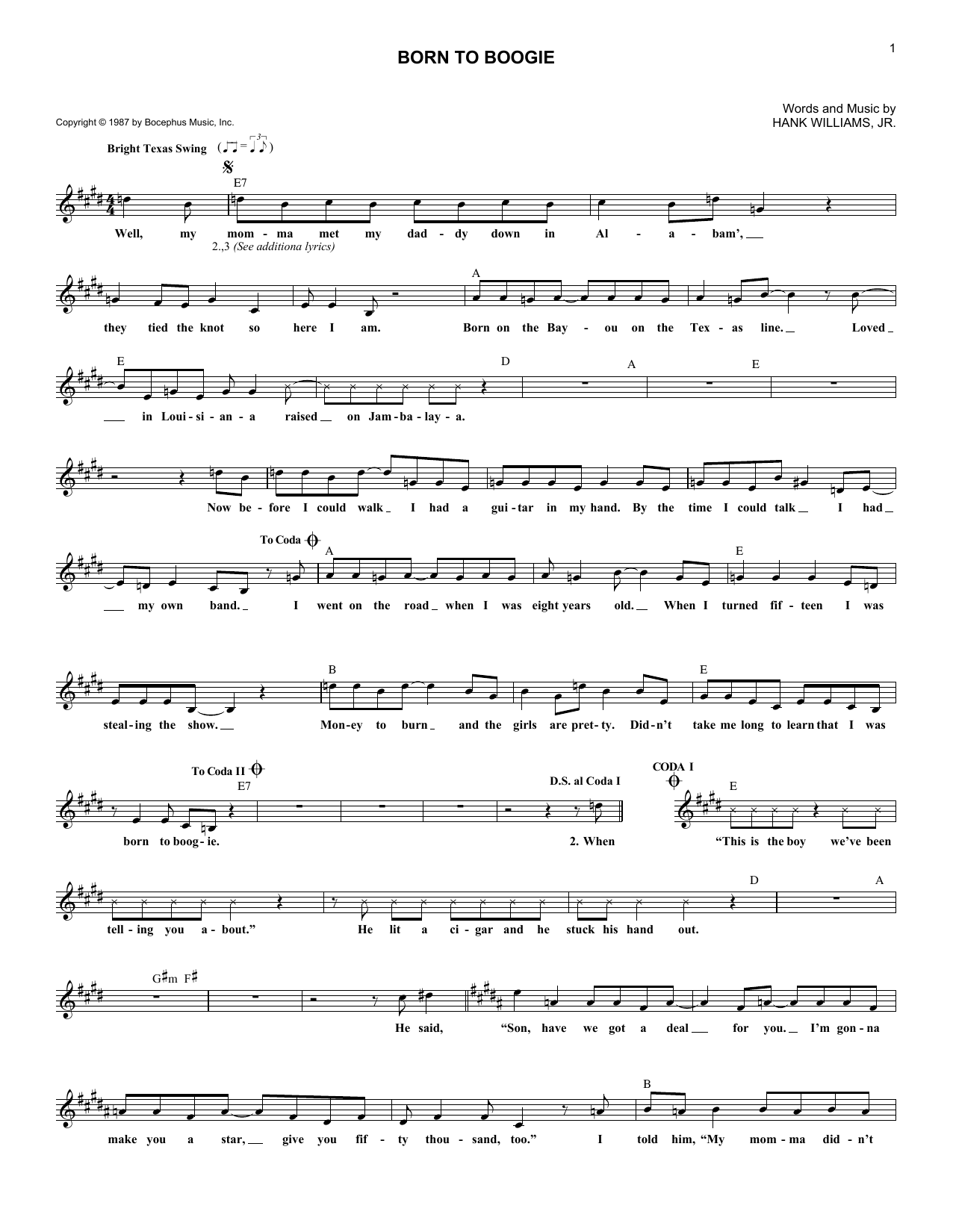 Download Hank Williams, Jr. Born To Boogie Sheet Music and learn how to play Lead Sheet / Fake Book PDF digital score in minutes