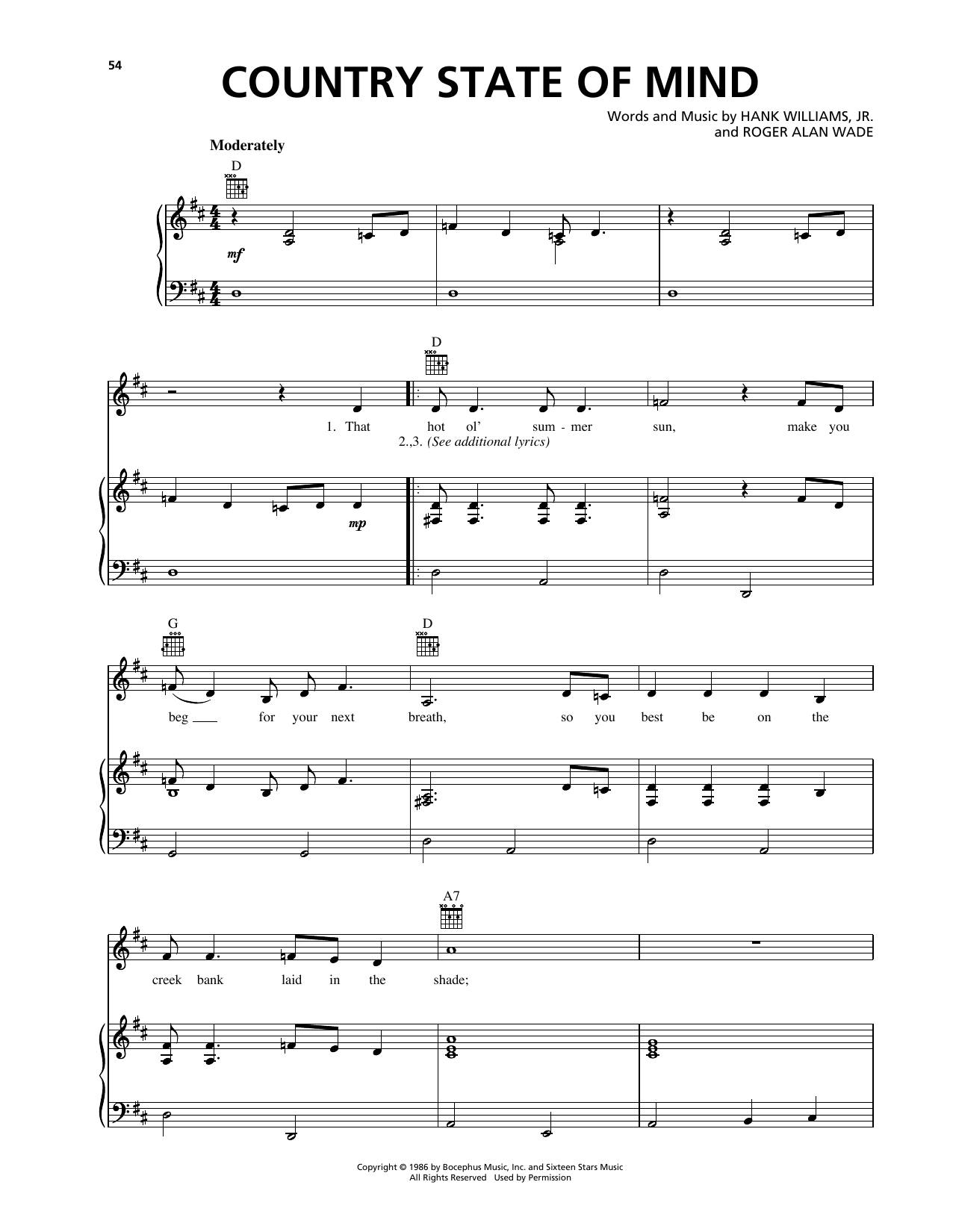 Download Hank Williams Jr. Country State Of Mind Sheet Music and learn how to play Piano, Vocal & Guitar Chords (Right-Hand Melody) PDF digital score in minutes