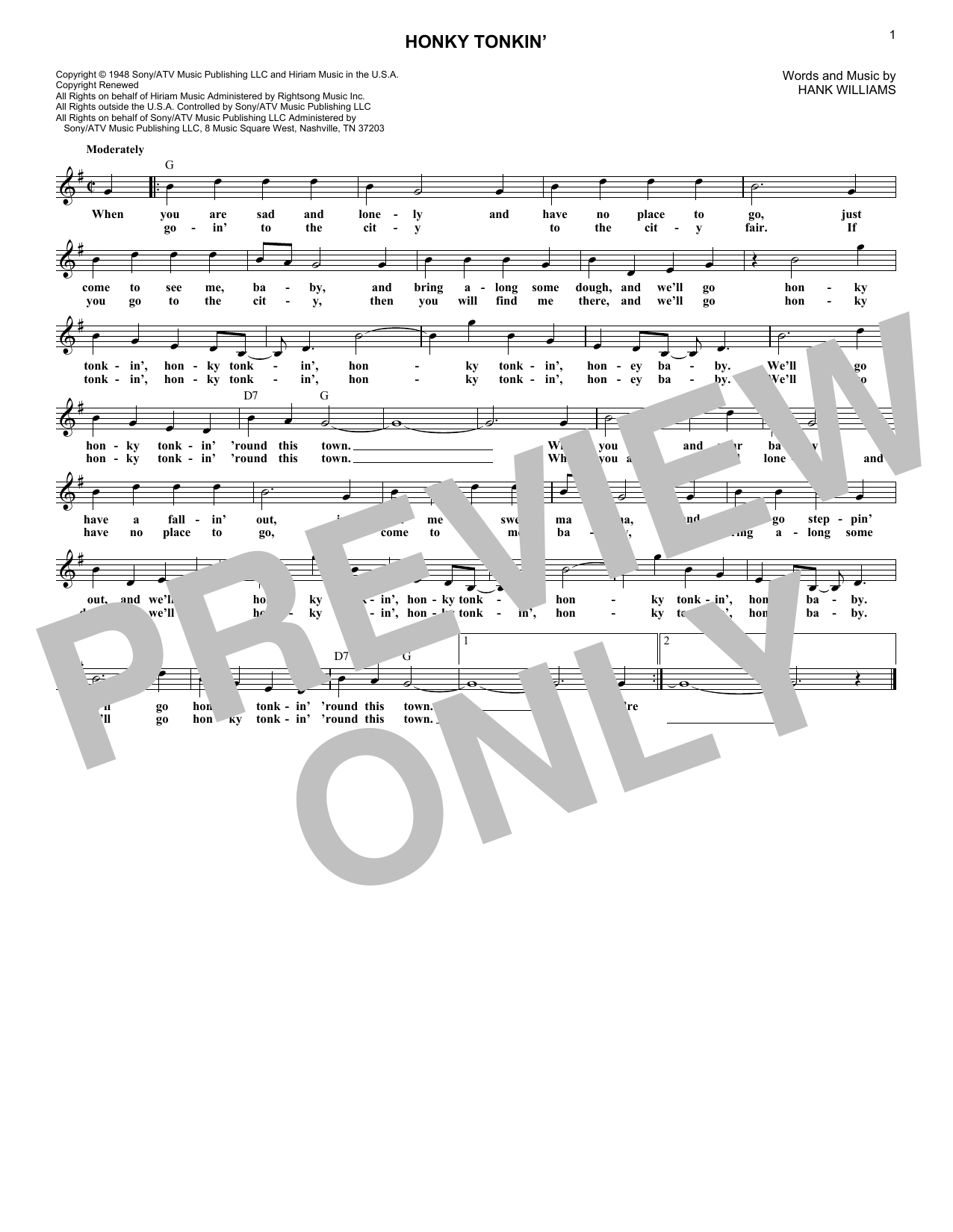 Download Hank Williams Jr. Honky Tonkin' Sheet Music and learn how to play Melody Line, Lyrics & Chords PDF digital score in minutes