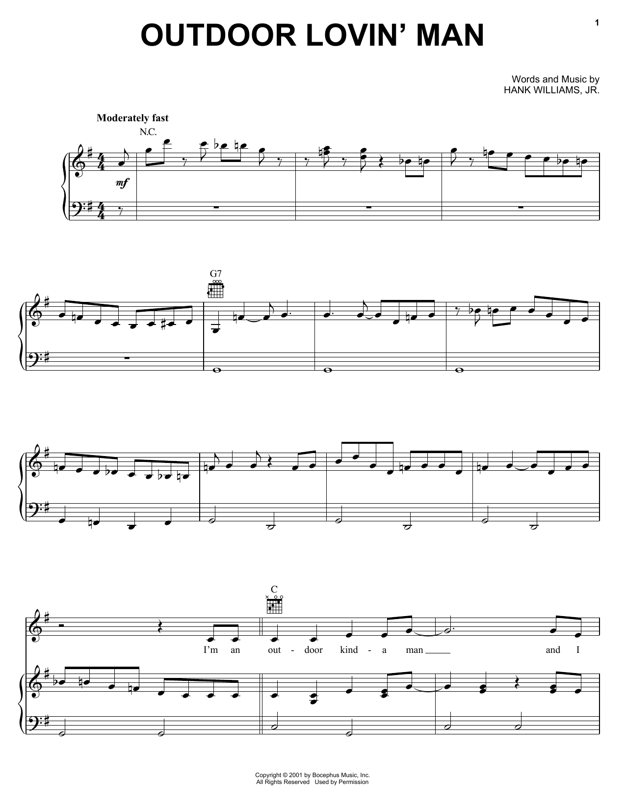 Download Hank Williams, Jr. Outdoor Lovin' Man Sheet Music and learn how to play Piano, Vocal & Guitar Chords (Right-Hand Melody) PDF digital score in minutes