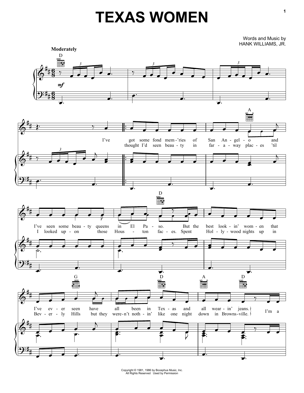 Download Hank Williams, Jr. Texas Women Sheet Music and learn how to play Piano, Vocal & Guitar Chords (Right-Hand Melody) PDF digital score in minutes