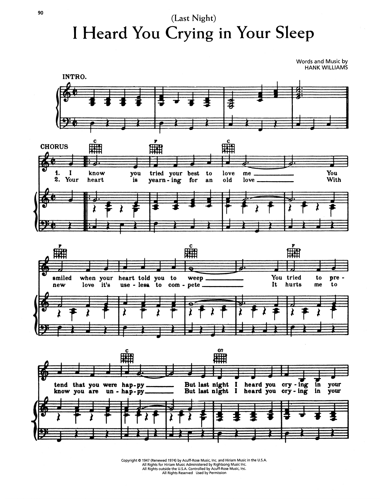 Download Hank Williams (Last Night) I Heard You Crying In Your Sleep Sheet Music and learn how to play Piano, Vocal & Guitar Chords (Right-Hand Melody) PDF digital score in minutes
