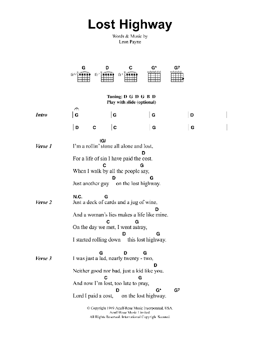 Download Jeff Buckley Lost Highway Sheet Music and learn how to play Lyrics & Chords PDF digital score in minutes