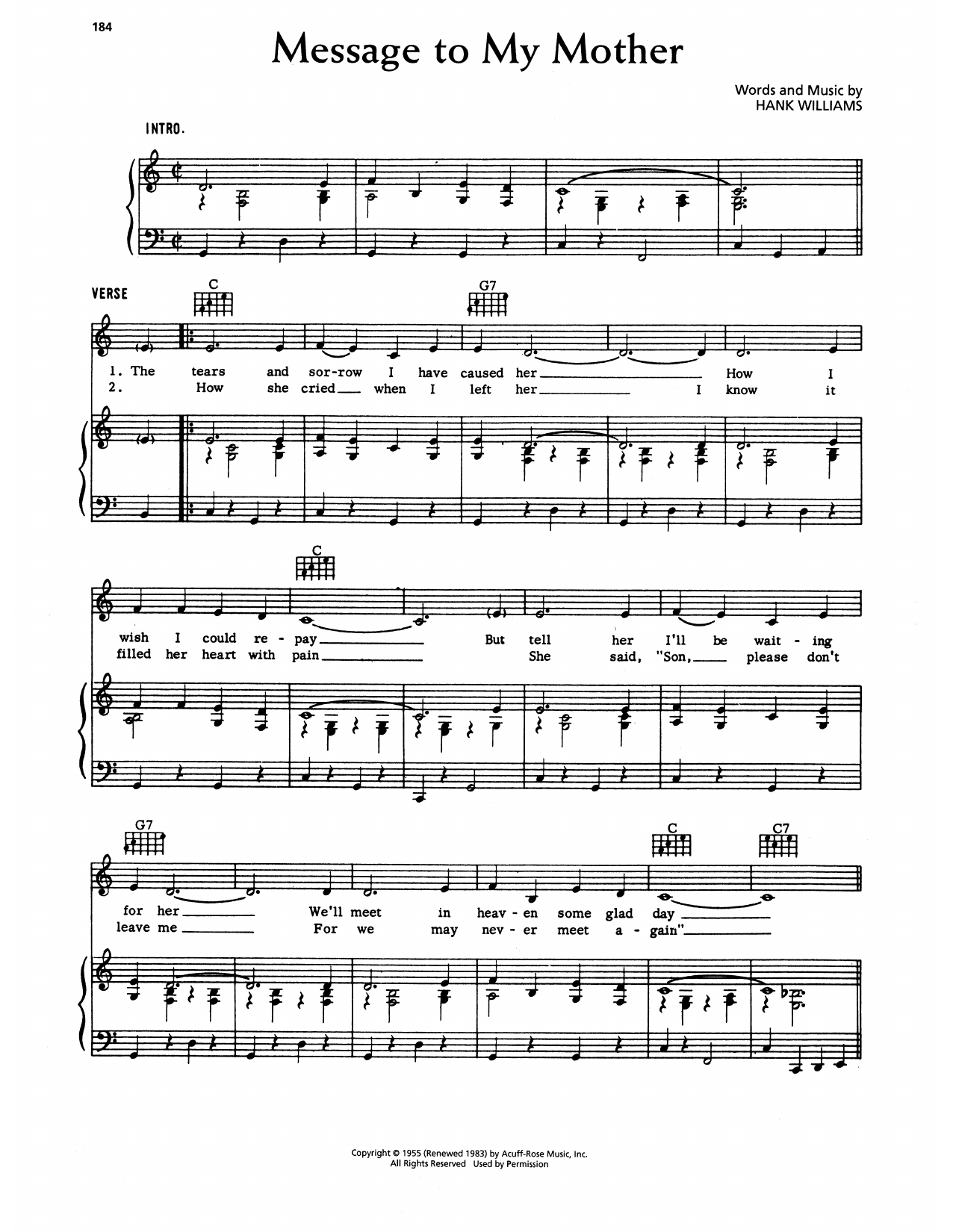 Download Hank Williams Message To My Mother Sheet Music and learn how to play Piano, Vocal & Guitar Chords (Right-Hand Melody) PDF digital score in minutes