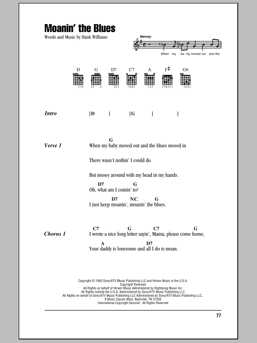 Download Hank Williams Moanin' The Blues Sheet Music and learn how to play Piano, Vocal & Guitar (Right-Hand Melody) PDF digital score in minutes