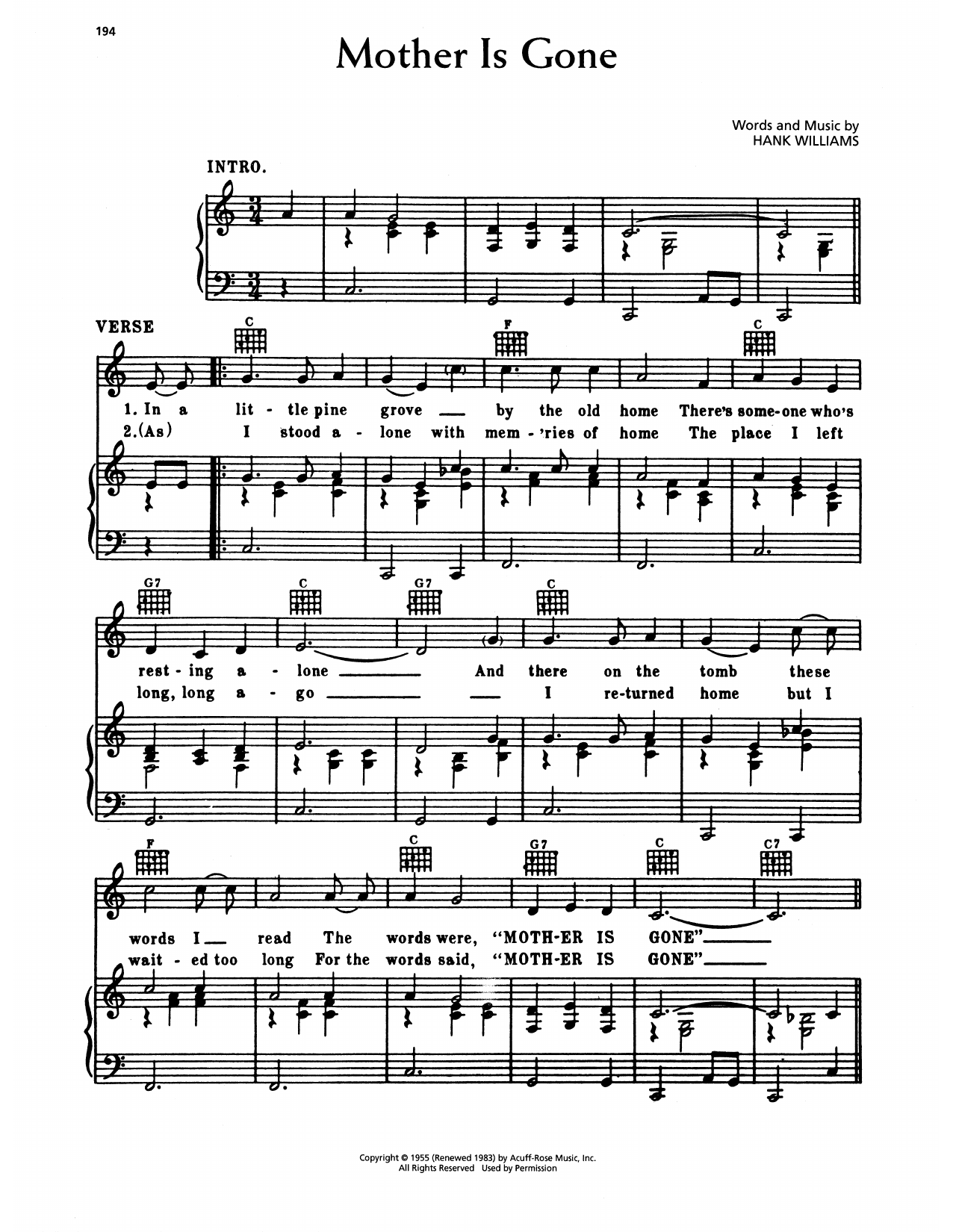 Download Hank Williams Mother Is Gone Sheet Music and learn how to play Piano, Vocal & Guitar Chords (Right-Hand Melody) PDF digital score in minutes