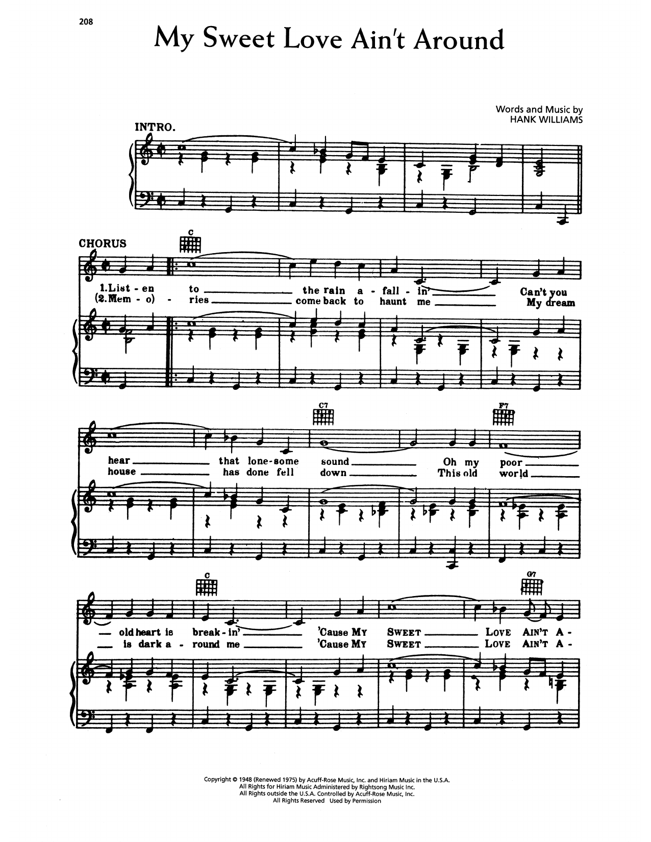 Download Hank Williams My Sweet Love Ain't Around Sheet Music and learn how to play Piano, Vocal & Guitar Chords (Right-Hand Melody) PDF digital score in minutes