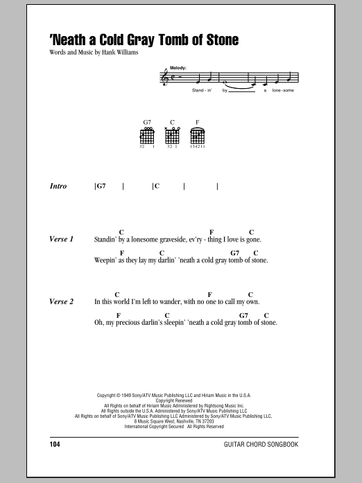 Download Hank Williams 'Neath A Cold Gray Tomb Of Stone Sheet Music and learn how to play Lyrics & Chords PDF digital score in minutes
