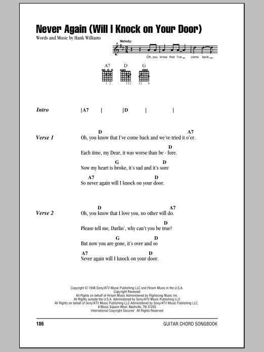 Download Hank Williams Never Again (Will I Knock On Your Door) Sheet Music and learn how to play Lyrics & Chords PDF digital score in minutes