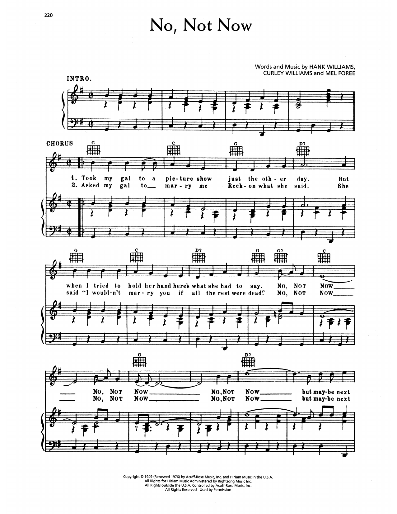 Download Hank Williams No, Not Now Sheet Music and learn how to play Piano, Vocal & Guitar Chords (Right-Hand Melody) PDF digital score in minutes