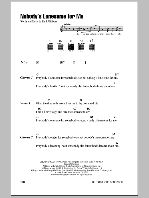 Download Hank Williams Nobody's Lonesome For Me Sheet Music and learn how to play Lyrics & Chords PDF digital score in minutes