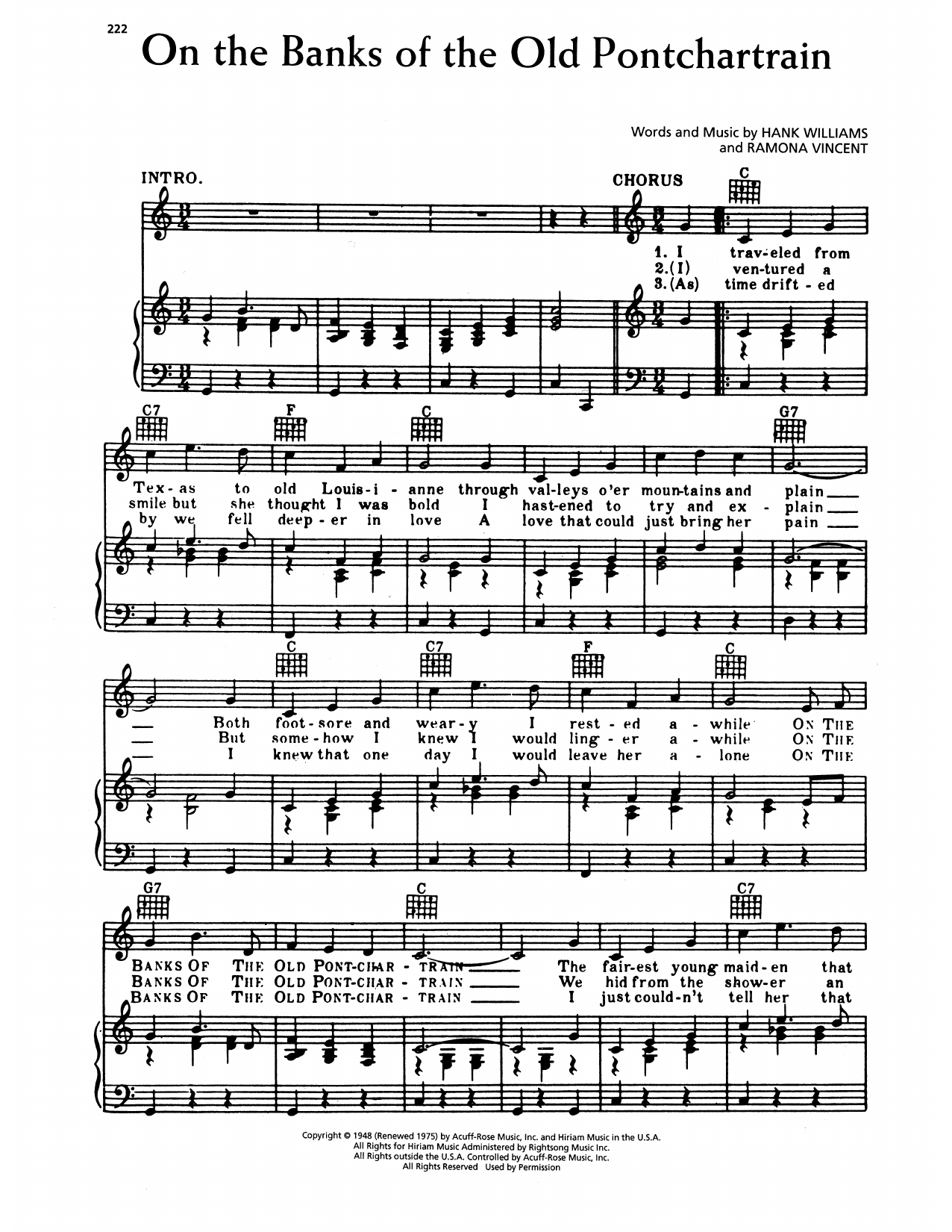 Download Hank Williams On The Banks Of The Old Pontchartrain Sheet Music and learn how to play Piano, Vocal & Guitar Chords (Right-Hand Melody) PDF digital score in minutes