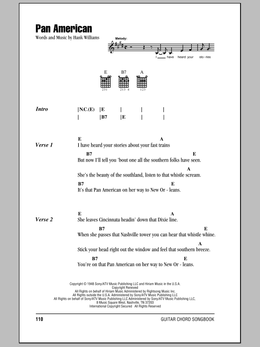 Download Hank Williams Pan American Sheet Music and learn how to play Lyrics & Chords PDF digital score in minutes