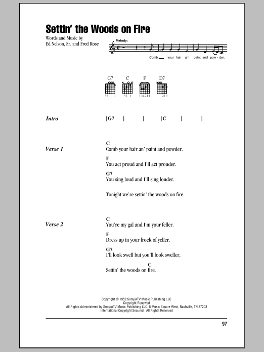 Download Hank Williams Settin' The Woods On Fire Sheet Music and learn how to play Lyrics & Chords PDF digital score in minutes