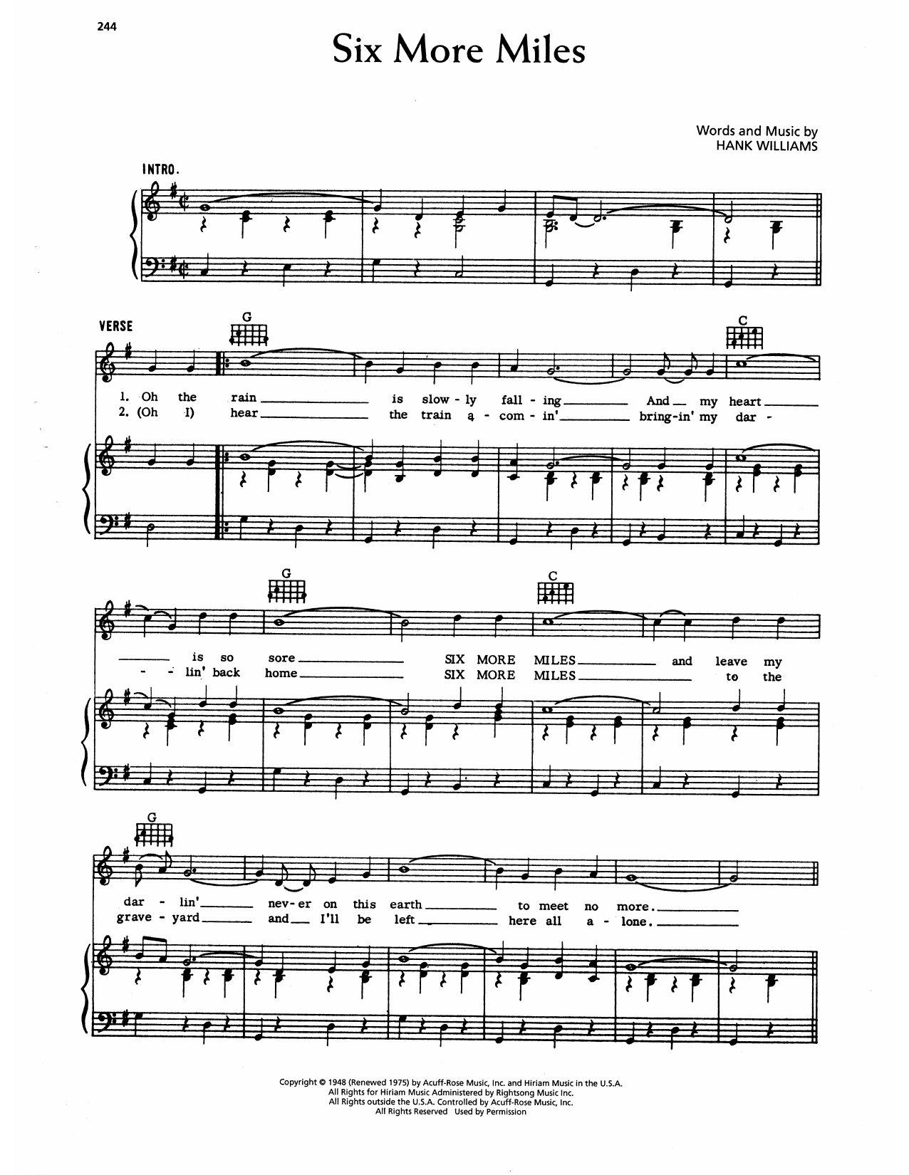 Download Hank Williams Six More Miles Sheet Music and learn how to play Piano, Vocal & Guitar Chords (Right-Hand Melody) PDF digital score in minutes