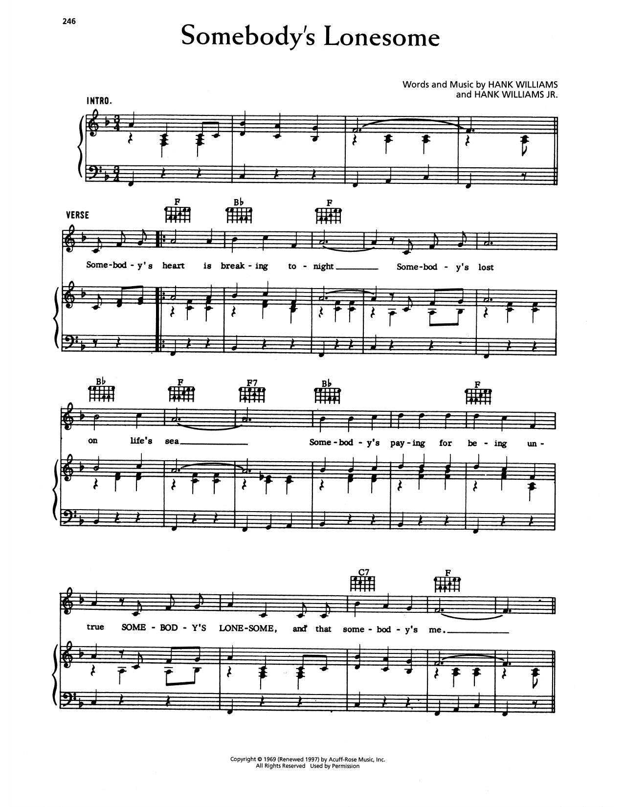 Download Hank Williams Somebody's Lonesome Sheet Music and learn how to play Piano, Vocal & Guitar Chords (Right-Hand Melody) PDF digital score in minutes