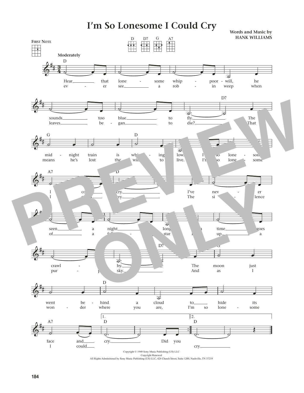 Download Hank Williams, Sr. I'm So Lonesome I Could Cry (from The Daily Ukulele) (arr. Jim Beloff) Sheet Music and learn how to play Ukulele PDF digital score in minutes