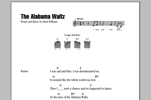 Download Hank Williams The Alabama Waltz Sheet Music and learn how to play Piano, Vocal & Guitar (Right-Hand Melody) PDF digital score in minutes