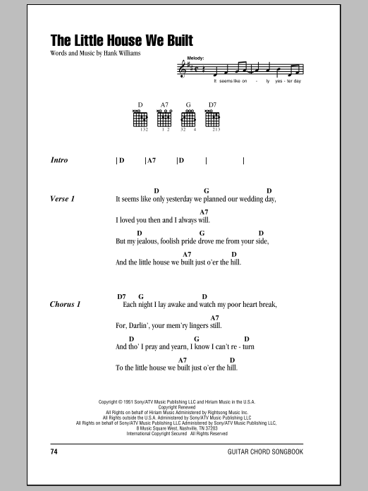 Download Hank Williams The Little House We Built Sheet Music and learn how to play Lyrics & Chords PDF digital score in minutes