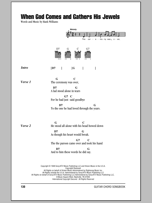 Download Hank Williams When God Comes And Gathers His Jewels Sheet Music and learn how to play Lyrics & Chords PDF digital score in minutes