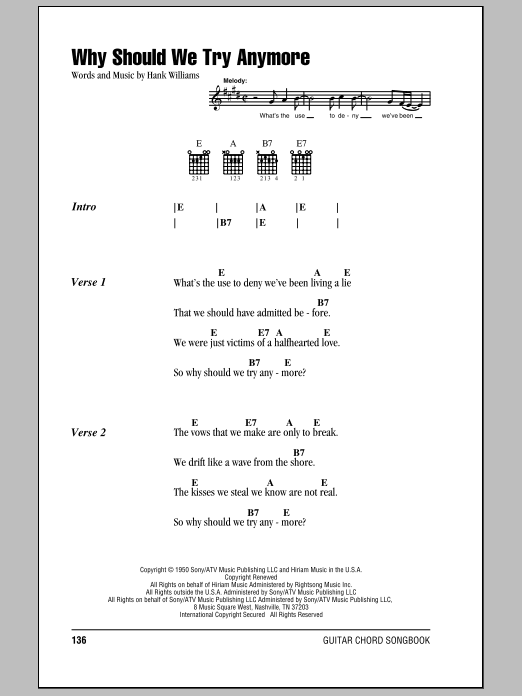 Download Hank Williams Why Should We Try Anymore Sheet Music and learn how to play Lyrics & Chords PDF digital score in minutes