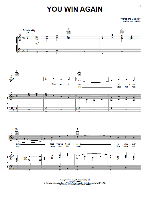 Download Hank Williams You Win Again Sheet Music and learn how to play Lyrics & Piano Chords PDF digital score in minutes