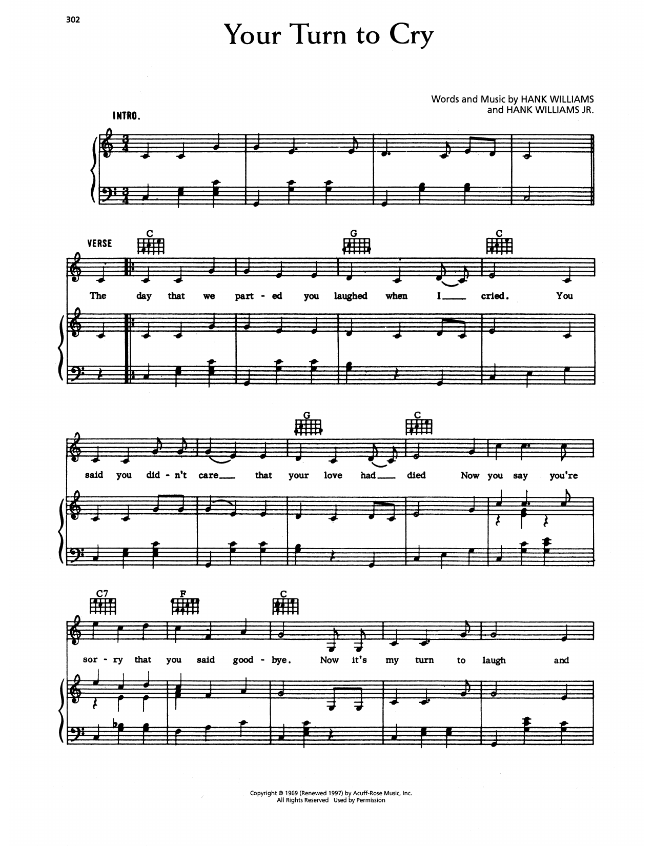 Download Hank Williams Your Turn To Cry Sheet Music and learn how to play Piano, Vocal & Guitar Chords (Right-Hand Melody) PDF digital score in minutes