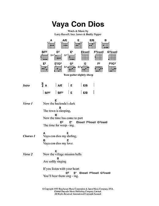 Download Hank Snow Vaya Con Dios Sheet Music and learn how to play Lyrics & Chords PDF digital score in minutes