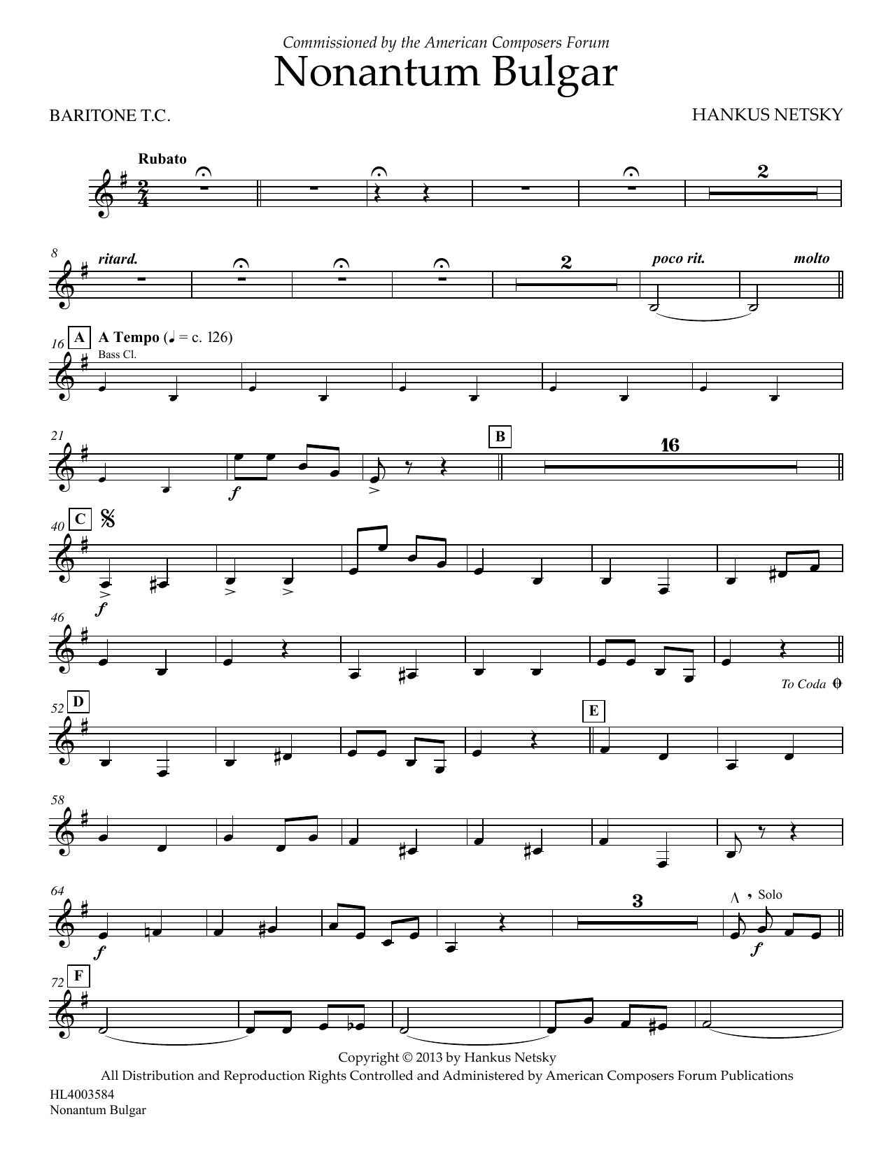 Download Hankus Netsky Nonantum Bulgar - Baritone T.C. Sheet Music and learn how to play Concert Band PDF digital score in minutes