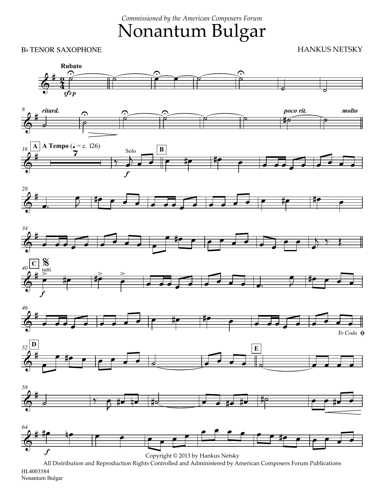 Download Hankus Netsky Nonantum Bulgar - Bb Tenor Saxophone Sheet Music and learn how to play Concert Band PDF digital score in minutes