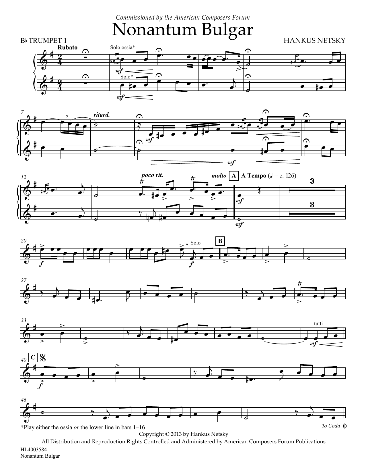 Download Hankus Netsky Nonantum Bulgar - Bb Trumpet 1 Sheet Music and learn how to play Concert Band PDF digital score in minutes