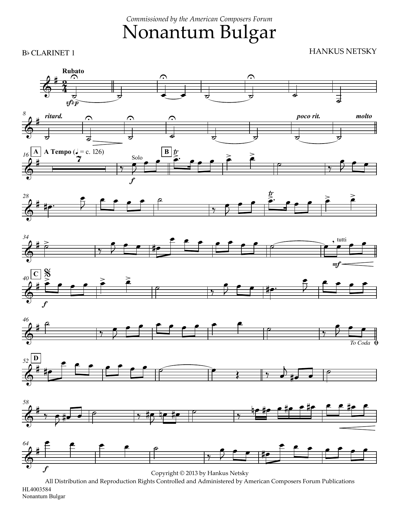 Download Hankus Netsky Nonantum Bulgar - Clarinet 1 Sheet Music and learn how to play Concert Band PDF digital score in minutes
