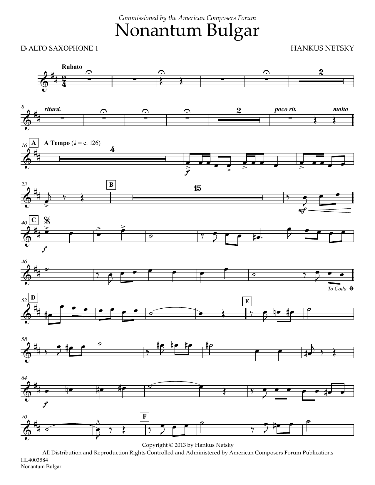 Download Hankus Netsky Nonantum Bulgar - Eb Alto Saxophone 1 Sheet Music and learn how to play Concert Band PDF digital score in minutes