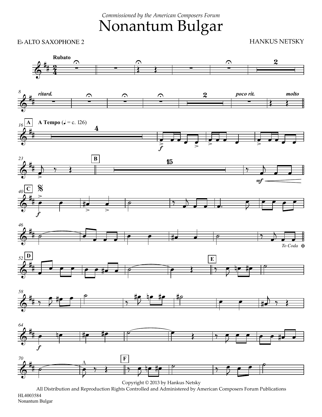 Download Hankus Netsky Nonantum Bulgar - Eb Alto Saxophone 2 Sheet Music and learn how to play Concert Band PDF digital score in minutes