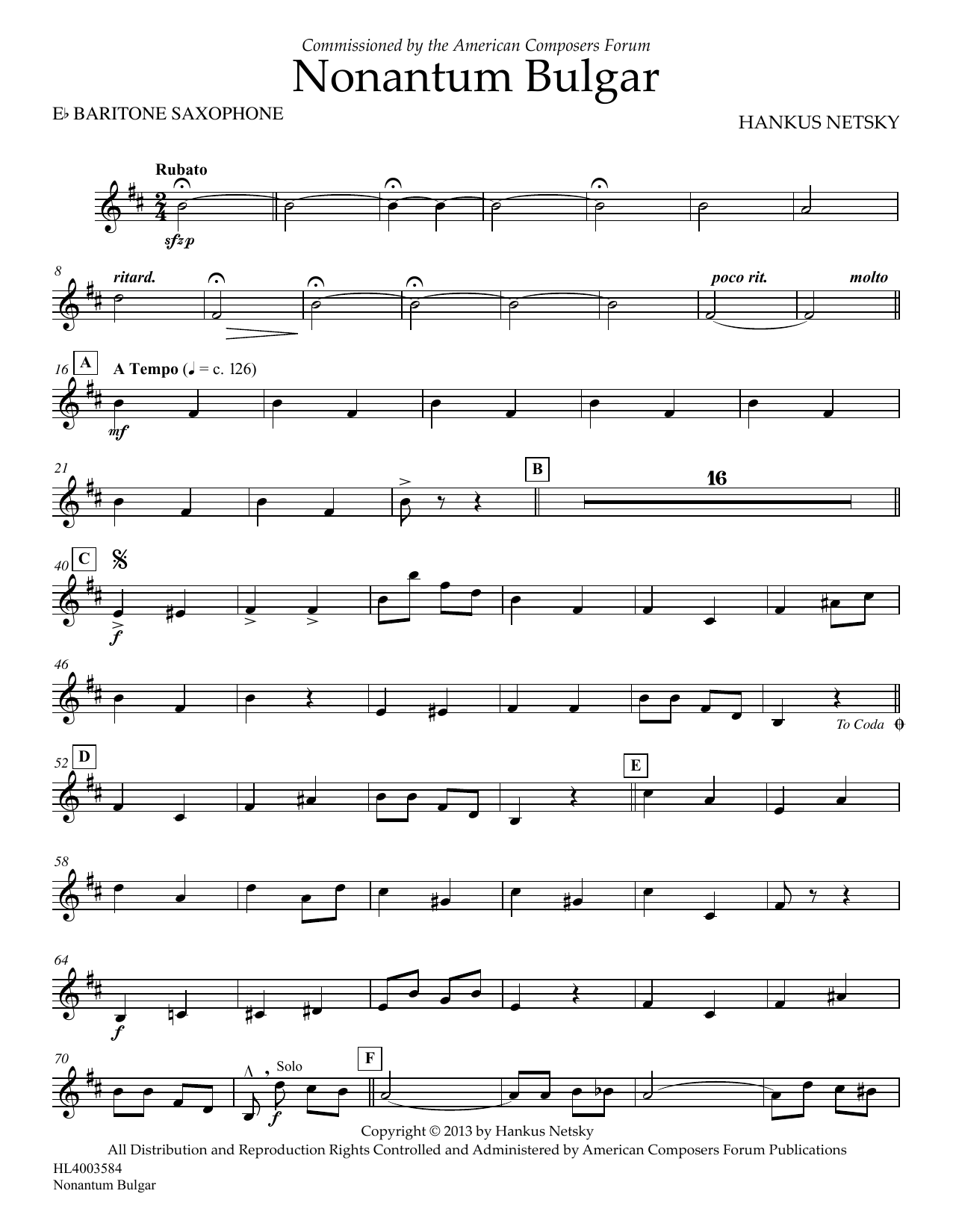 Download Hankus Netsky Nonantum Bulgar - Eb Baritone Saxophone Sheet Music and learn how to play Concert Band PDF digital score in minutes