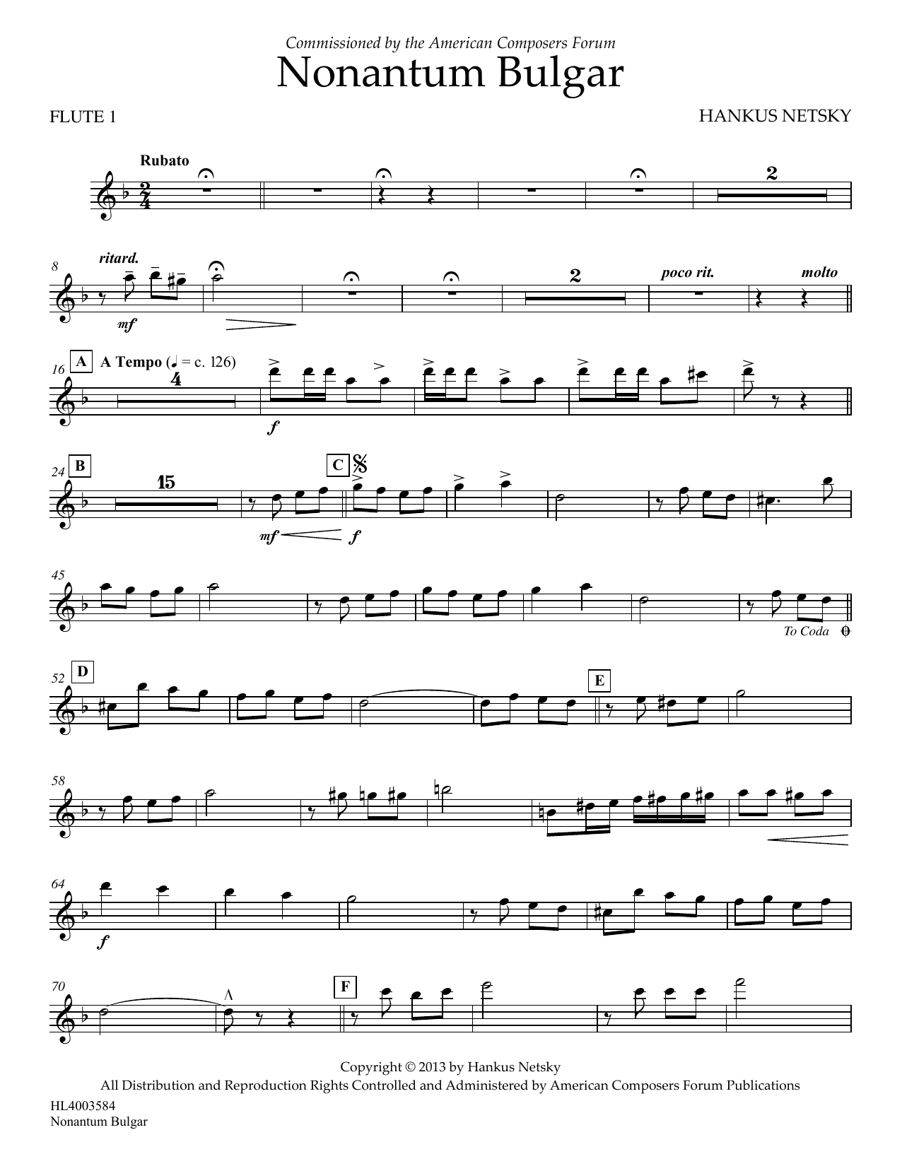 Download Hankus Netsky Nonantum Bulgar - Flute 1 Sheet Music and learn how to play Concert Band PDF digital score in minutes