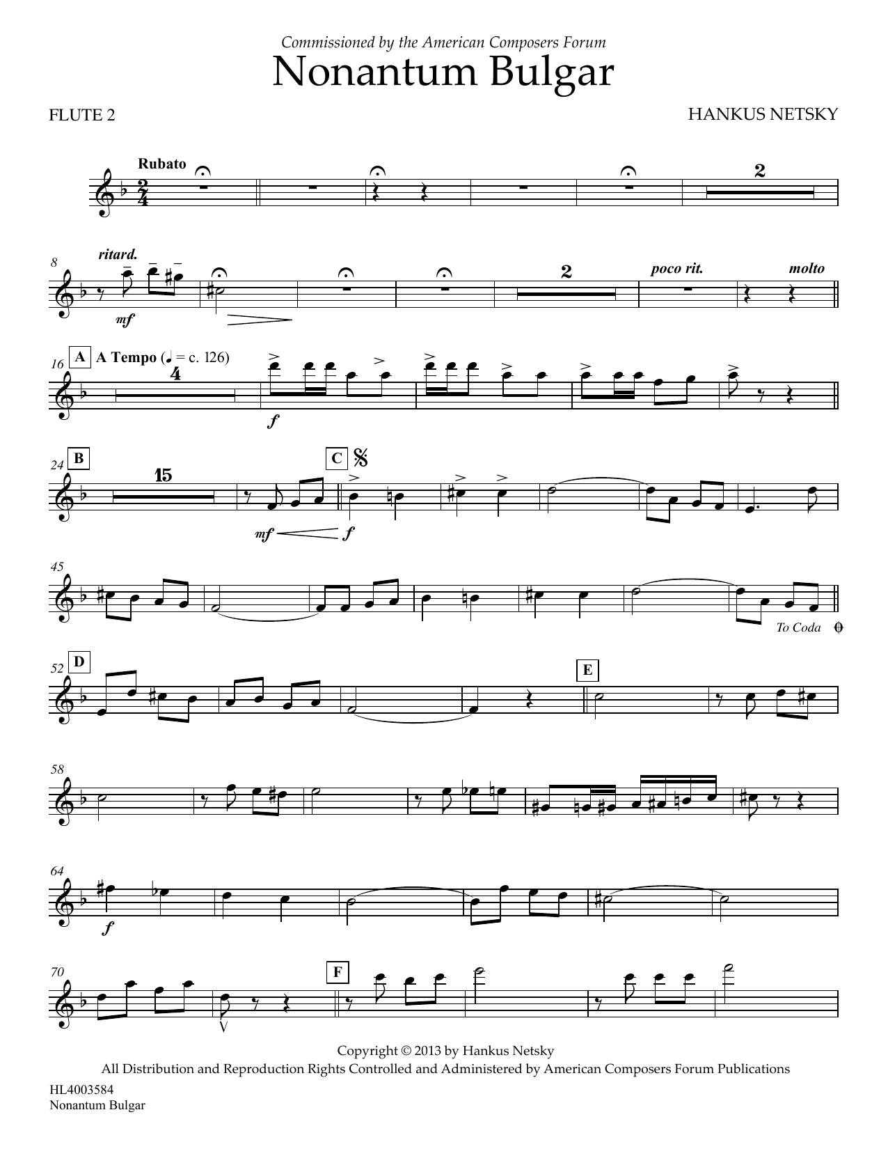 Download Hankus Netsky Nonantum Bulgar - Flute 2 Sheet Music and learn how to play Concert Band PDF digital score in minutes