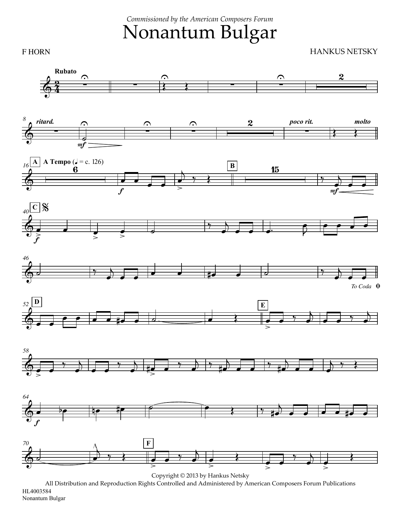 Download Hankus Netsky Nonantum Bulgar - FRENCH HORN Sheet Music and learn how to play Concert Band PDF digital score in minutes