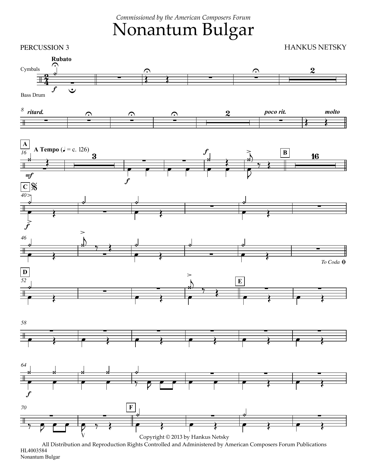 Download Hankus Netsky Nonantum Bulgar - Percussion 3 Sheet Music and learn how to play Concert Band PDF digital score in minutes