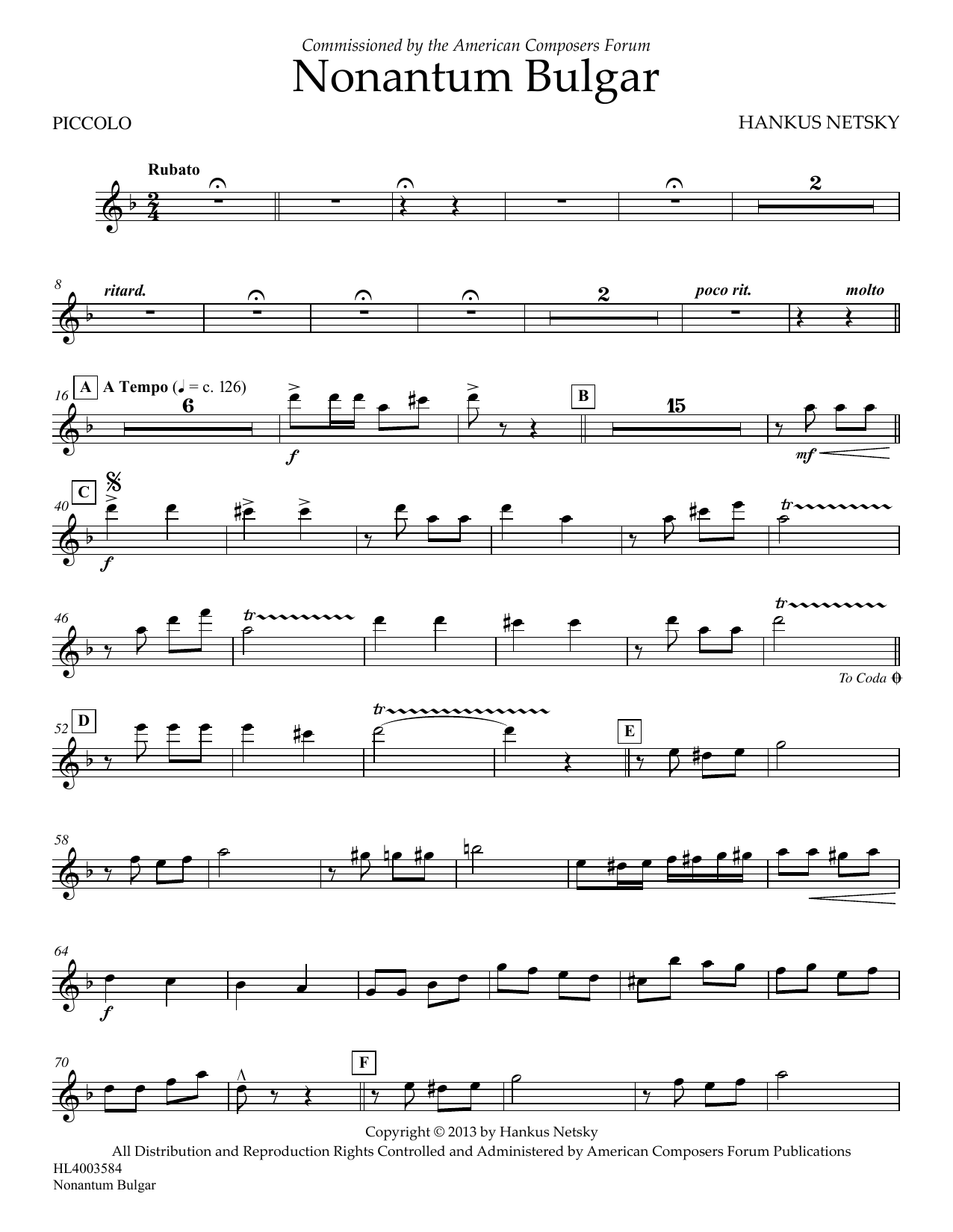 Download Hankus Netsky Nonantum Bulgar - Piccolo Sheet Music and learn how to play Concert Band PDF digital score in minutes