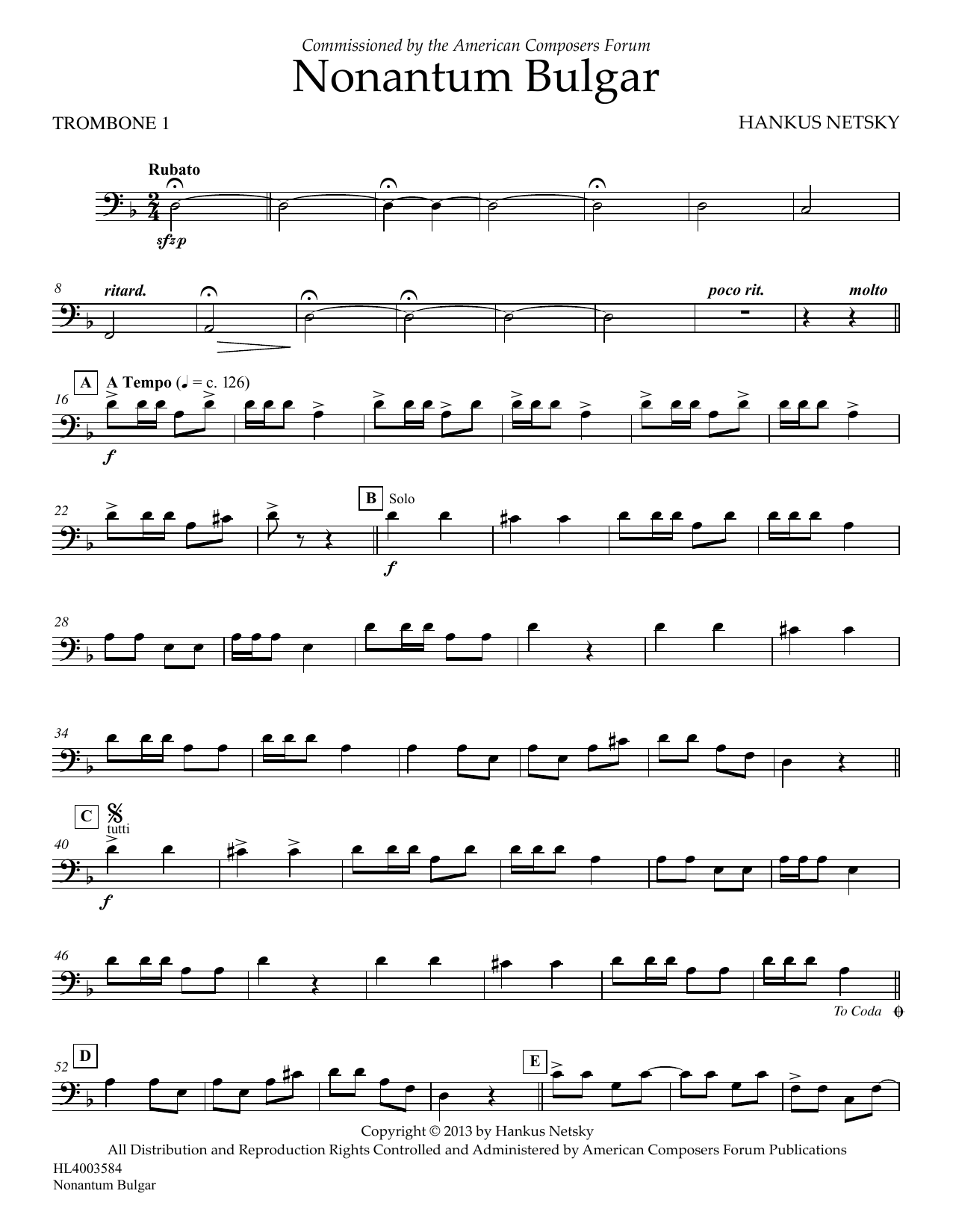 Download Hankus Netsky Nonantum Bulgar - Trombone 1 Sheet Music and learn how to play Concert Band PDF digital score in minutes