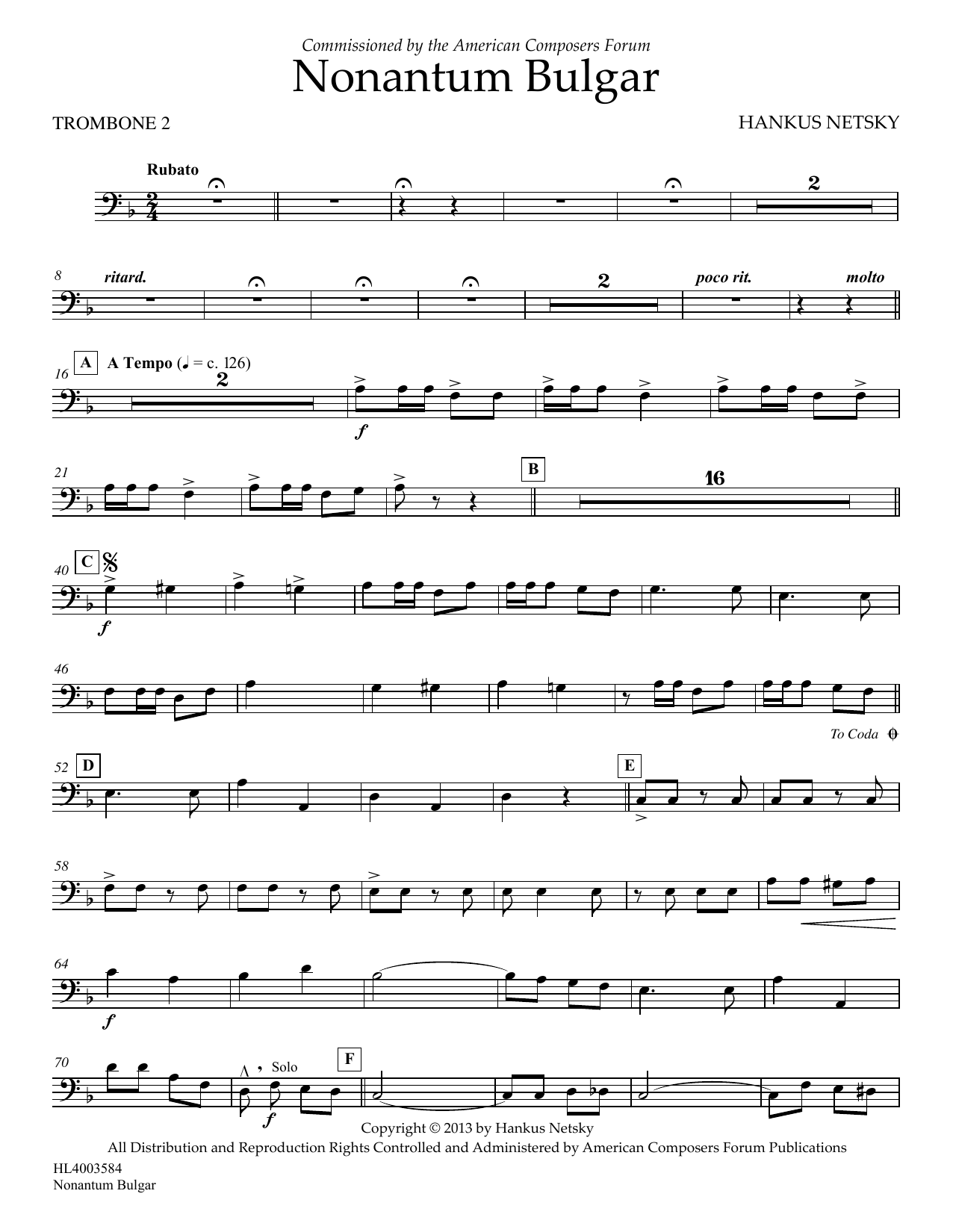Download Hankus Netsky Nonantum Bulgar - Trombone 2 Sheet Music and learn how to play Concert Band PDF digital score in minutes