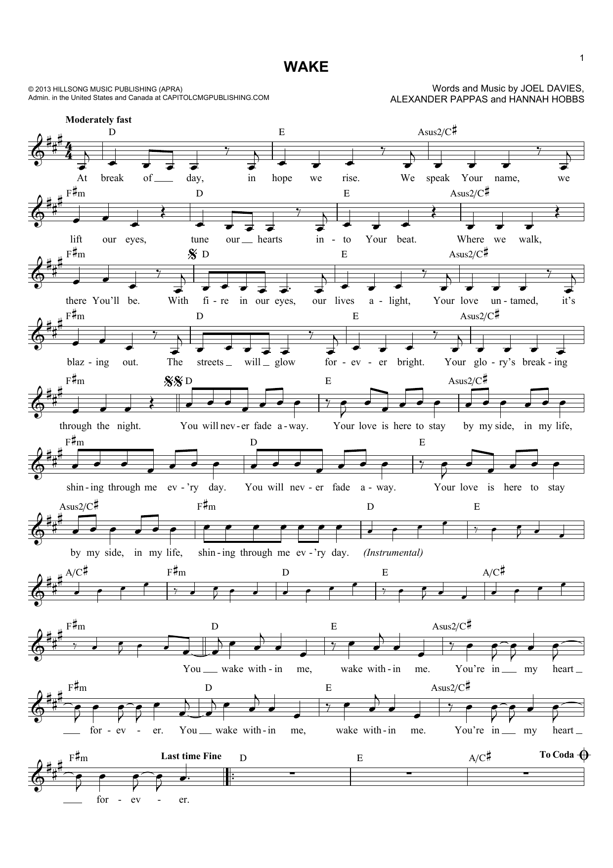 Download Hannah Hobbs Wake Sheet Music and learn how to play Melody Line, Lyrics & Chords PDF digital score in minutes