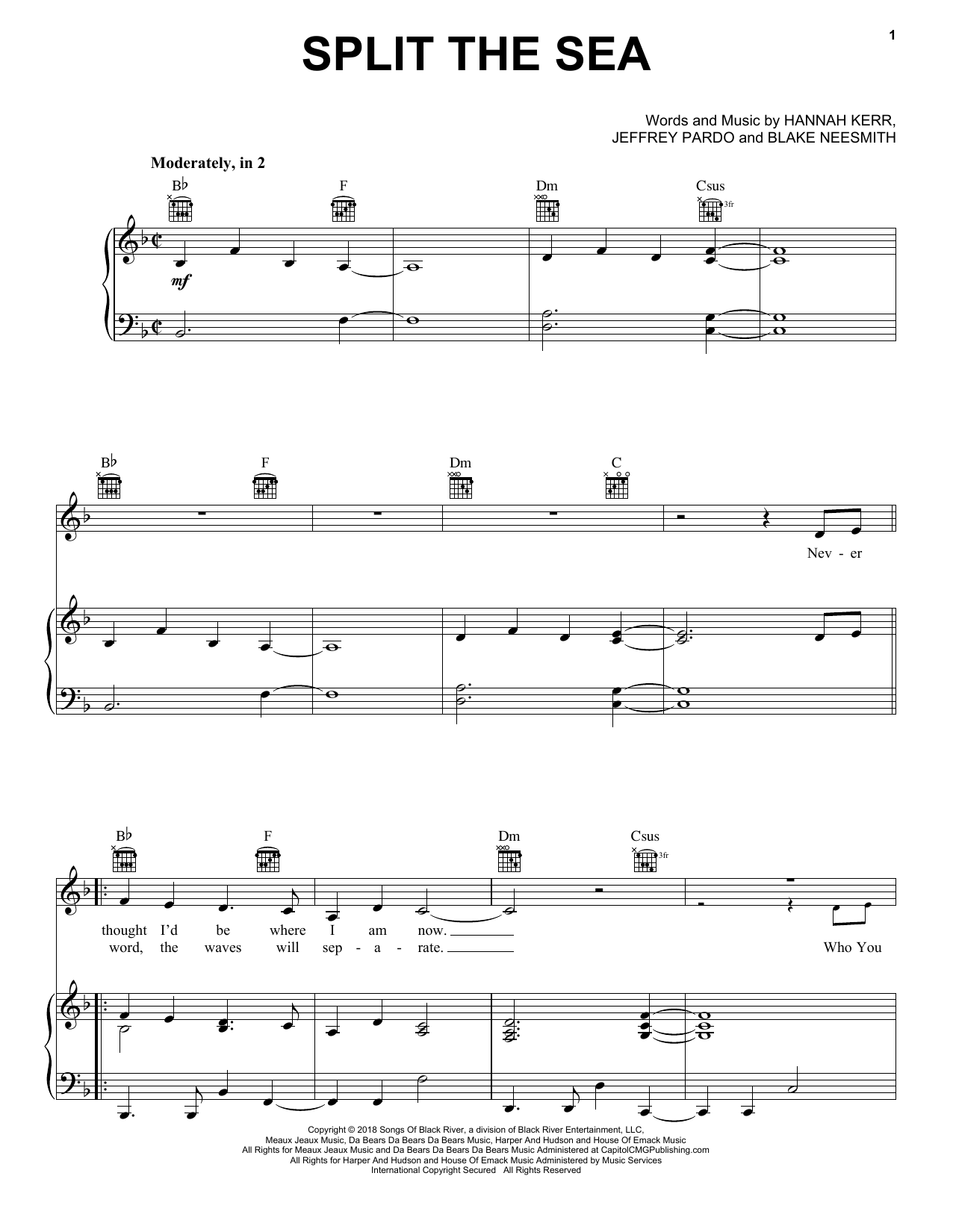 Download Hannah Kerr Split The Sea Sheet Music and learn how to play Piano, Vocal & Guitar Chords (Right-Hand Melody) PDF digital score in minutes