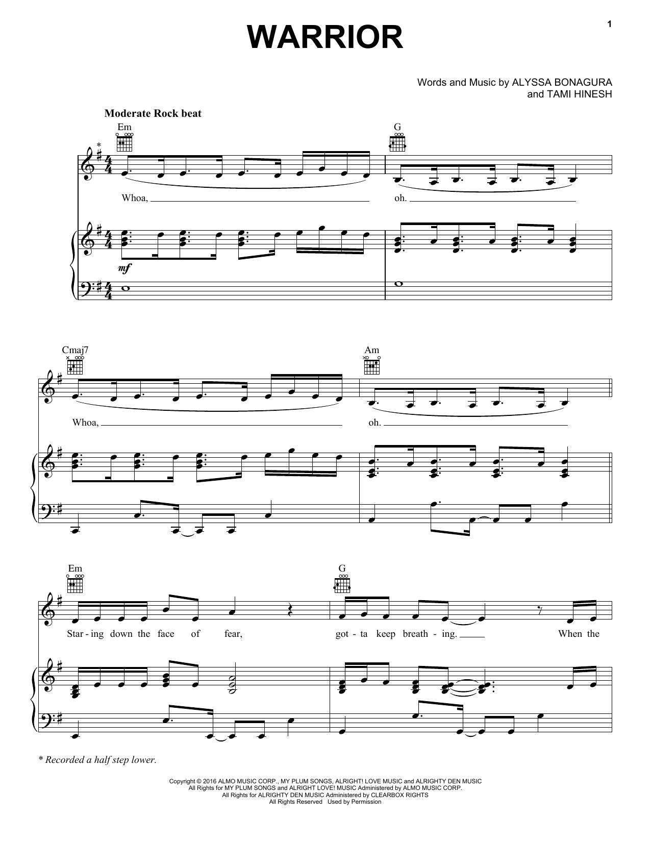 Download Hannah Kerr Warrior Sheet Music and learn how to play Piano, Vocal & Guitar Chords (Right-Hand Melody) PDF digital score in minutes