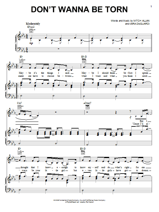 Download Hannah Montana Don't Wanna Be Torn Sheet Music and learn how to play Piano, Vocal & Guitar (Right-Hand Melody) PDF digital score in minutes