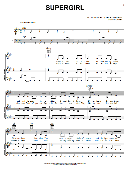 Download Hannah Montana Supergirl Sheet Music and learn how to play Piano, Vocal & Guitar (Right-Hand Melody) PDF digital score in minutes