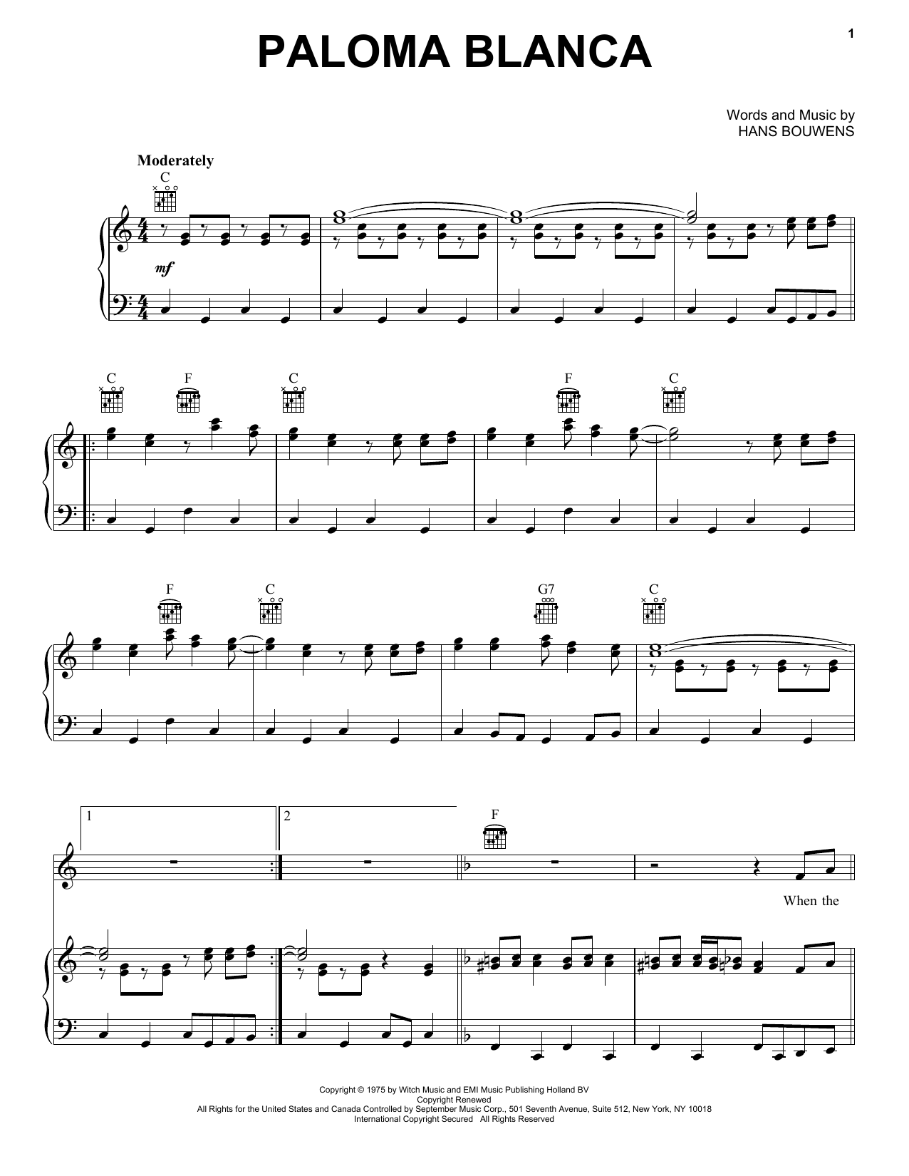 Download Hans Bouwens Paloma Blanca Sheet Music and learn how to play Real Book – Melody & Chords PDF digital score in minutes